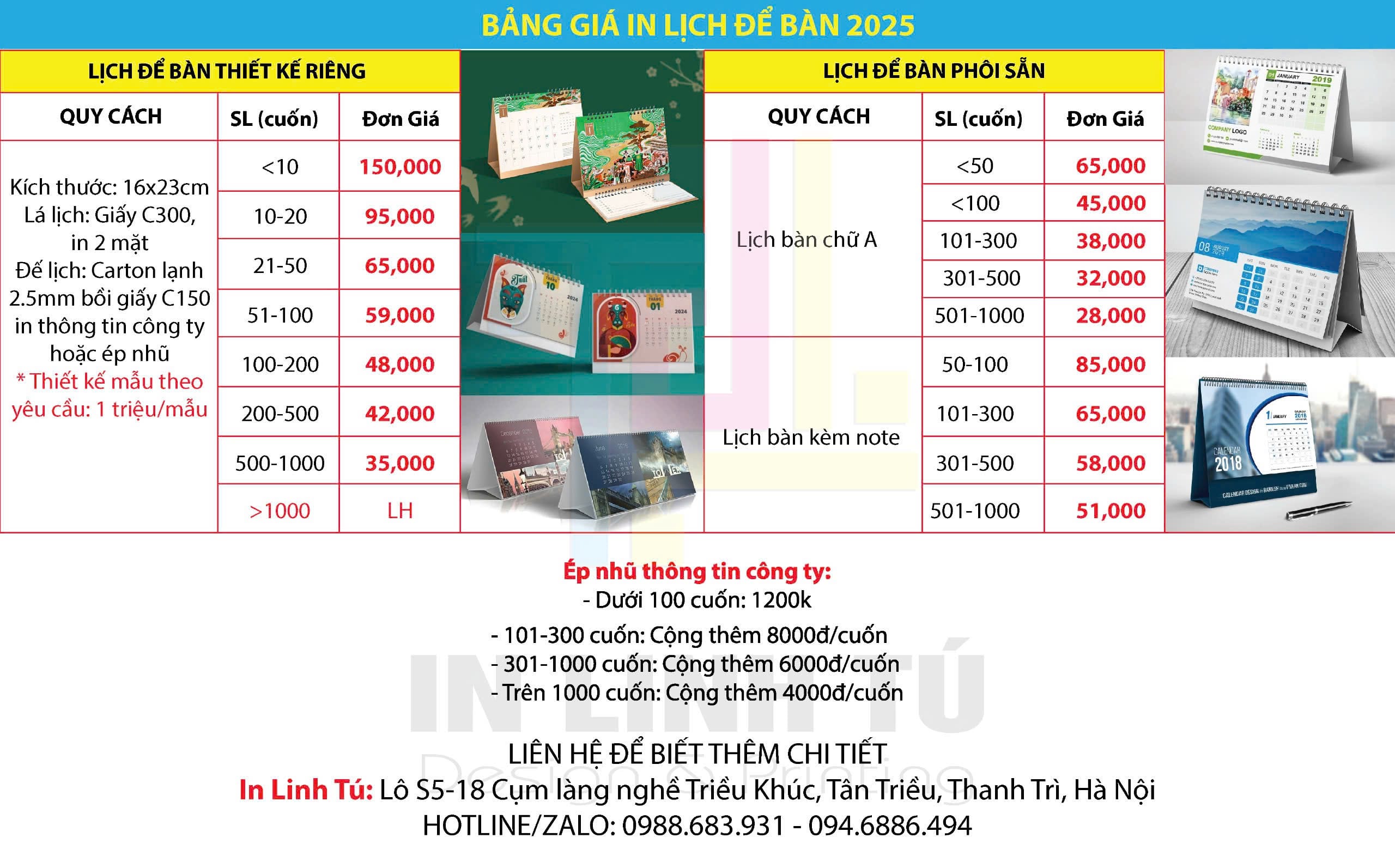 bảng giá lịch để bàn 2025